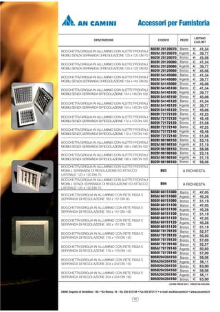 Accessori per Fumisteria
DESCRIZIONE

CODICE

PEZZI

B02B120120070 Bianco

BOCCHETTA/GRIGLIA IN ALLUMINIO CON ALETTE FRONTALI
B02A120120070 Argento
MOBILI SENZA SERRANDA DI REGOLAZIONE 120 x 120 DN 70
BOCCHETTA/GRIGLIA IN ALLUMINIO CON ALETTE FRONTALI
MOBILI SENZA SERRANDA DI REGOLAZIONE 120 x 120 DN 80
BOCCHETTA/GRIGLIA IN ALLUMINIO CON ALETTE FRONTALI
MOBILI SENZA SERRANDA DI REGOLAZIONE 154 x 145 DN 80
BOCCHETTA/GRIGLIA IN ALLUMINIO CON ALETTE FRONTALI
MOBILI SENZA SERRANDA DI REGOLAZIONE 154 x 145 DN 100
BOCCHETTA/GRIGLIA IN ALLUMINIO CON ALETTE FRONTALI
MOBILI SENZA SERRANDA DI REGOLAZIONE 154 x 145 DN 120
BOCCHETTA/GRIGLIA IN ALLUMINIO CON ALETTE FRONTALI
MOBILI SENZA SERRANDA DI REGOLAZIONE 172 x 172 DN 120
BOCCHETTA/GRIGLIA IN ALLUMINIO CON ALETTE FRONTALI
MOBILI SENZA SERRANDA DI REGOLAZIONE 172 x 172 DN 140
BOCCHETTA/GRIGLIA IN ALLUMINIO CON ALETTE FRONTALI
MOBILI SENZA SERRANDA DI REGOLAZIONE 198 x 198 DN 150
BOCCHETTA/GRIGLIA IN ALLUMINIO CON ALETTE FRONTALI
MOBILI SENZA SERRANDA DI REGOLAZIONE 198 x 198 DN 160

B02O120120070
B02B120120080
B02A120120080
B02O120120080
B02B154145080
B02A154145080
B02O154145080
B02B154145100
B02A154145100
B02O154145100
B02B154145120
B02A154145120
B02O154145120
B02B172172120
B02A172172120
B02O172172120
B02B172172140
B02A172172140
B02O172172140
B02B198198150
B02A198198150
B02O198198150
B02B198198160
B02A198198160
B02O198198160

Bronzo
Bianco
Argento
Bronzo
Bianco
Argento
Bronzo
Bianco
Argento
Bronzo
Bianco
Argento
Bronzo
Bianco
Argento
Bronzo
Bianco
Argento
Bronzo
Bianco
Argento
Bronzo
Bianco
Argento
Bronzo

LISTINO
CAD./MT

2
2
2
2
2
2
2
2
2
2
2
2
2
2
2
2
2
2
2
2
2
2
2
2
2
2
2

41,34
39,77
45,08
41,34
39,77
45,08
41,34
39,77
45,08
41,34
39,77
45,08
41,34
39,77
45,08
47,25
45,48
51,58
47,25
45,48
51,58
53,16
51,19
58,08
53,16
51,19
58,08

BOCCHETTA/GRIGLIA IN ALLUMINIO CON ALETTE FRONTALI
MOBILI, SERRANDA DI REGOLAZIONE ED ATTACCO
LATERALE 120 x 120 DN 70

B03

A RICHIESTA

BOCCHETTA/GRIGLIA IN ALLUMINIO CON ALETTE FRONTALI
MOBILI, SENZA SERRANDA DI REGOLAZIONE ED ATTACCO
LATERALE 120 x 120 DN 70

B04

A RICHIESTA

BOCCHETTA/GRIGLIA IN ALLUMINIO CON RETE FISSA E
SERRANDA DI REGOLAZIONE 160 x 151 DN 80
BOCCHETTA/GRIGLIA IN ALLUMINIO CON RETE FISSA E
SERRANDA DI REGOLAZIONE 160 x 151 DN 100
BOCCHETTA/GRIGLIA IN ALLUMINIO CON RETE FISSA E
SERRANDA DI REGOLAZIONE 160 x 151 DN 120
BOCCHETTA/GRIGLIA IN ALLUMINIO CON RETE FISSA E
SERRANDA DI REGOLAZIONE 178 x 178 DN 120
BOCCHETTA/GRIGLIA IN ALLUMINIO CON RETE FISSA E
SERRANDA DI REGOLAZIONE 178 x 178 DN 140
BOCCHETTA/GRIGLIA IN ALLUMINIO CON RETE FISSA E
SERRANDA DI REGOLAZIONE 204 x 204 DN 150
BOCCHETTA/GRIGLIA IN ALLUMINIO CON RETE FISSA E
SERRANDA DI REGOLAZIONE 204 x 204 DN 160

B05B160151080
B05A160151080
B05O160151080
B05B160151100
B05A160151100
B05O160151100
B05B160151120
B05A160151120
B05O160151120
B05B178178120
B05A178178120
B05O178178120
B05B178178140
B05A178178140
B05O178178140
B05B204204150
B05A204204150
B05O204204150
B05B204204160
B05A204204160
B05O204204160

Bianco
Argento
Bronzo
Bianco
Argento
Bronzo
Bianco
Argento
Bronzo
Bianco
Argento
Bronzo
Bianco
Argento
Bronzo
Bianco
Argento
Bronzo
Bianco
Argento
Bronzo

2
2
2
2
2
2
2
2
2
2
2
2
2
2
2
2
2
2
2
2
2

47,05
45,28
51,19
47,05
45,28
51,19
47,05
45,28
51,19
52,57
50,60
57,09
52,57
50,60
57,09
58,08
56,11
63,00
58,08
56,11
63,00

LISTINO PREZZI 2013 - PREZZI IVA ESCLUSA

24040 Zingonia di Verdellino - BG • Via Vienna, 16 - Tel. 035 872144 • Fax 035 872177 • e-mail: anc@ancamini.it • www.ancamini.it
10

 