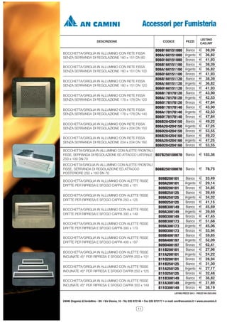 Accessori per Fumisteria
DESCRIZIONE

LISTINO
CAD./MT

CODICE

PEZZI

B06B160151080
B06A160151080
B06O160151080
B06B160151100
B06A160151100
B06O160151100
B06B160151120
B06A160151120
B06O160151120
B06B178178120
B06A178178120
B06O178178120
B06B178178140
B06A178178140
B06O178178140
B06B204204150
B06A204204150
B06O204204150
B06B204204160
B06A204204160
B06O204204160

Bianco
Argento
Bronzo
Bianco
Argento
Bronzo
Bianco
Argento
Bronzo
Bianco
Argento
Bronzo
Bianco
Argento
Bronzo
Bianco
Argento
Bronzo
Bianco
Argento
Bronzo

2
2
2
2
2
2
2
2
2
2
2
2
2
2
2
2
2
2
2
2
2

BOCCHETTA/GRIGLIA IN ALLUMINIO CON ALETTE FRONTALI
FISSE, SERRANDA DI REGOLAZIONE ED ATTACCO LATERALE B07B250100070
250 x 100 DN 70

Bianco

2 103,36

BOCCHETTA/GRIGLIA IN ALLUMINIO CON ALETTE FRONTALI
FISSE, SERRANDA DI REGOLAZIONE ED ATTACCO
B08B250100070
POSTERIORE 250 x 100 DN 70

Bianco

2 78,75

Bianco
Argento
Bronzo
Bianco
Argento
Bronzo
Bianco
Argento
Bronzo
Bianco
Argento
Bronzo
Bianco
Argento
Bronzo
Bianco
Argento
Bronzo
Bianco
Argento
Bronzo
Bianco
Argento
Bronzo

2
2
2
2
2
2
2
2
2
2
2
2
2
2
2
2
2
2
2
2
2
2
2
2

BOCCHETTA/GRIGLIA IN ALLUMINIO CON RETE FISSA
SENZA SERRANDA DI REGOLAZIONE 160 x 151 DN 80
BOCCHETTA/GRIGLIA IN ALLUMINIO CON RETE FISSA
SENZA SERRANDA DI REGOLAZIONE 160 x 151 DN 100
BOCCHETTA/GRIGLIA IN ALLUMINIO CON RETE FISSA
SENZA SERRANDA DI REGOLAZIONE 160 x 151 DN 120
BOCCHETTA/GRIGLIA IN ALLUMINIO CON RETE FISSA
SENZA SERRANDA DI REGOLAZIONE 178 x 178 DN 120
BOCCHETTA/GRIGLIA IN ALLUMINIO CON RETE FISSA
SENZA SERRANDA DI REGOLAZIONE 178 x 178 DN 140
BOCCHETTA/GRIGLIA IN ALLUMINIO CON RETE FISSA
SENZA SERRANDA DI REGOLAZIONE 204 x 204 DN 150
BOCCHETTA/GRIGLIA IN ALLUMINIO CON RETE FISSA
SENZA SERRANDA DI REGOLAZIONE 204 x 204 DN 160

BOCCHETTA/GRIGLIA IN ALLUMINIO CON ALETTE FISSE
DRITTE PER RIPRESA E SFOGO CAPPA 200 x 101
BOCCHETTA/GRIGLIA IN ALLUMINIO CON ALETTE FISSE
DRITTE PER RIPRESA E SFOGO CAPPA 250 x 125
BOCCHETTA/GRIGLIA IN ALLUMINIO CON ALETTE FISSE
DRITTE PER RIPRESA E SFOGO CAPPA 300 x 149
BOCCHETTA/GRIGLIA IN ALLUMINIO CON ALETTE FISSE
DRITTE PER RIPRESA E SFOGO CAPPA 300 x 173
BOCCHETTA/GRIGLIA IN ALLUMINIO CON ALETTE FISSE
DRITTE PER RIPRESA E SFOGO CAPPA 400 x 197
BOCCHETTA/GRIGLIA IN ALLUMINIO CON ALETTE FISSE
INCLINATE 45° PER RIPRESA E SFOGO CAPPA 200 x 101
BOCCHETTA/GRIGLIA IN ALLUMINIO CON ALETTE FISSE
INCLINATE 45° PER RIPRESA E SFOGO CAPPA 250 x 125
BOCCHETTA/GRIGLIA IN ALLUMINIO CON ALETTE FISSE
INCLINATE 45° PER RIPRESA E SFOGO CAPPA 300 x 149

B09B200101
B09A200101
B09O200101
B09B250125
B09A250125
B09O250125
B09B300149
B09A300149
B09O300149
B09B300173
B09A300173
B09O300173
B09B400197
B09A400197
B09O400197
B11B200101
B11A200101
B11O200101
B11B250125
B11A250125
B11O250125
B11B300149
B11A300149
B11O300149

38,39
36,82
41,93
38,39
36,82
41,93
38,39
36,82
41,93
43,90
42,53
47,84
43,90
42,53
47,84
49,22
47,25
53,55
49,22
47,25
53,55

33,49
29,14
34,85
39,49
34,32
41,15
45,69
39,69
47,45
51,68
45,06
53,94
59,85
52,09
62,41
27,96
24,22
28,94
31,30
27,17
32,48
36,82
31,89
38,19

LISTINO PREZZI 2013 - PREZZI IVA ESCLUSA

24040 Zingonia di Verdellino - BG • Via Vienna, 16 - Tel. 035 872144 • Fax 035 872177 • e-mail: anc@ancamini.it • www.ancamini.it
11

 
