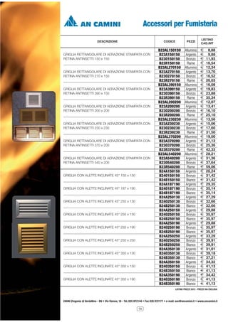 Accessori per Fumisteria
DESCRIZIONE

CODICE

GRIGLIA RETTANGOLARE DI AERAZIONE STAMPATA CON
RETINA ANTINSETTI 150 x 150

GRIGLIA RETTANGOLARE DI AERAZIONE STAMPATA CON
RETINA ANTINSETTI 270 x 150

GRIGLIA RETTANGOLARE DI AERAZIONE STAMPATA CON
RETINA ANTINSETTI 390 x 150

GRIGLIA RETTANGOLARE DI AERAZIONE STAMPATA CON
RETINA ANTINSETTI 200 x 200

GRIGLIA RETTANGOLARE DI AERAZIONE STAMPATA CON
RETINA ANTINSETTI 230 x 230

GRIGLIA RETTANGOLARE DI AERAZIONE STAMPATA CON
RETINA ANTINSETTI 370 x 200

GRIGLIA RETTANGOLARE DI AERAZIONE STAMPATA CON
RETINA ANTINSETTI 540 x 200

GRIGLIA CON ALETTE INCLINATE 45° 150 x 150

GRIGLIA CON ALETTE INCLINATE 45° 187 x 190

GRIGLIA CON ALETTE INCLINATE 45° 250 x 130

GRIGLIA CON ALETTE INCLINATE 45° 250 x 150

GRIGLIA CON ALETTE INCLINATE 45° 250 x 190

GRIGLIA CON ALETTE INCLINATE 45° 250 x 250

GRIGLIA CON ALETTE INCLINATE 45° 350 x 130

GRIGLIA CON ALETTE INCLINATE 45° 350 x 150

GRIGLIA CON ALETTE INCLINATE 45° 350 x 190

PEZZI

B23AL150150
B23A150150
B23O150150
B23R150150
B23AL270150
B23A270150
B23O270150
B23R270150
B23AL390150
B23A390150
B23O390150
B23R390150
B23AL200200
B23A200200
B23O200200
B23R200200
B23AL230230
B23A230230
B23O230230
B23R230230
B23AL370200
B23A370200
B23O370200
B23R370200
B23AL540200
B23A540200
B23O540200
B23R540200
B24A150150
B24O150150
B24B150150
B24A187190
B24O187190
B24B187190
B24A250130
B24O250130
B24B250130
B24A250150
B24O250150
B24B250150
B24A250190
B24O250190
B24B250190
B24A250250
B24O250250
B24B250250
B24A350130
B24O350130
B24B350130
B24A350150
B24O350150
B24B350150
B24A350190
B24O350190
B24B350190

Alluminio
Argento
Bronzo
Rame
Alluminio
Argento
Bronzo
Rame
Alluminio
Argento
Bronzo
Rame
Alluminio
Argento
Bronzo
Rame
Alluminio
Argento
Bronzo
Rame
Alluminio
Argento
Bronzo
Rame
Alluminio
Argento
Bronzo
Rame
Argento
Bronzo
Bianco
Argento
Bronzo
Bianco
Argento
Bronzo
Bianco
Argento
Bronzo
Bianco
Argento
Bronzo
Bianco
Argento
Bronzo
Bianco
Argento
Bronzo
Bianco
Argento
Bronzo
Bianco
Argento
Bronzo
Bianco

LISTINO
CAD./MT

2
2
2
2
2
2
2
2
2
2
2
2
2
2
2
2
2
2
2
2
2
2
2
2
2
2
2
2
2
2
2
2
2
2
2
2
2
2
2
2
2
2
2
2
2
2
2
2
2
2
2
2
2
2
2

8,88
9,88
11,93
16,54
12,34
13,70
16,52
26,03
16,08
19,83
23,88
35,34
12,07
13,41
16,10
25,10
13,56
15,06
17,60
31,50
19,00
21,12
25,36
42,33
28,21
31,36
37,64
59,06
26,24
31,42
31,42
29,35
35,14
35,14
27,29
32,66
32,66
29,88
35,97
35,97
29,88
35,97
35,97
33,29
39,91
39,91
31,01
39,18
37,21
34,32
41,13
41,13
34,42
41,13
41,13

LISTINO PREZZI 2013 - PREZZI IVA ESCLUSA

24040 Zingonia di Verdellino - BG • Via Vienna, 16 - Tel. 035 872144 • Fax 035 872177 • e-mail: anc@ancamini.it • www.ancamini.it
14

 