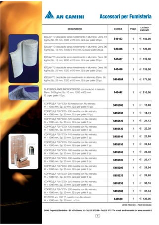 Accessori per Fumisteria
DESCRIZIONE

CODICE

PEZZI

LISTINO
CAD./MT

ISOLANTE biosolubile senza rivestimento in alluminio. Dens. 64
kg/mc Sp. 25 mm, 7320 x 610 mm. Q.tà per pallet 20 pz.

S45403

1

2 105,00

ISOLANTE biosolubile senza rivestimento in alluminio. Dens. 96
kg/mc Sp. 13 mm, 14640 x 610 mm. Q.tà per pallet 20 pz.

S45406

1

2 126,00

ISOLANTE biosolubile senza rivestimento in alluminio. Dens. 96
kg/mc Sp. 19 mm, 9630 x 610 mm. Q.tà per pallet 20 pz.

S45407

1

2 126,00

ISOLANTE biosolubile senza rivestimento in alluminio. Dens. 96
kg/mc Sp. 25 mm, 7320 x 610 mm. Q.tà per pallet 20 pz.

S45408

1

2 126,00

ISOLANTE biosolubile con rivestimento in alluminio. Dens. 96
kg/mc Sp. 25 mm, 7320 x 610 mm. Q.tà per pallet 20 pz.

S45408A

1

2 171,00

SUPERISOLANTE MICROPOROSO con involucro in tessuto.
Dens. 240 kg/mc Sp. 10 mm, 1200 x 600 mm.
Q.tà per pallet 10 pz.

S45442

1

2 210,00

COPPELLA 700 °C Dn 80 rivestita con Alu retinato;
H = 1000 mm. Sp. 30 mm. Q.tà per pallet 10 pz.

S455080

1

2

17,88

COPPELLA 700 °C Dn 100 rivestita con Alu retinato;
H = 1000 mm. Sp. 30 mm. Q.tà per pallet 10 pz.

S455100

1

2

18,74

COPPELLA 700 °C Dn 120 rivestita con Alu retinato;
H = 1000 mm. Sp. 30 mm. Q.tà per pallet 8 pz.

S455120

1

2

21,13

COPPELLA 700 °C Dn 130 rivestita con Alu retinato;
H = 1000 mm. Sp. 30 mm. Q.tà per pallet 7 pz.

S455130

1

2

22,28

COPPELLA 700 °C Dn 140 rivestita con Alu retinato;
H = 1000 mm. Sp. 30 mm. Q.tà per pallet 7 pz.

S455140

1

2

23,99

COPPELLA 700 °C Dn 150 rivestita con Alu retinato;
H = 1000 mm. Sp. 30 mm. Q.tà per pallet 7 pz.

S455150

1

2

24,64

COPPELLA 700 °C Dn 160 rivestita con Alu retinato;
H = 1000 mm. Sp. 30 mm. Q.tà per pallet 6 pz

S455160

1

2

26,38

COPPELLA 700 °C Dn 180 rivestita con Alu retinato;
H = 1000 mm. Sp. 30 mm. Q.tà per pallet 6 pz.

S455180

1

2

27,17

COPPELLA 700 °C Dn 200 rivestita con Alu retinato;
H = 1000 mm. Sp. 30 mm. Q.tà per pallet 6 pz.

S455200

1

2

28,04

COPPELLA 700 °C Dn 200 rivestita con Alu retinato;
H = 1000 mm. Sp. 30 mm. Q.tà per pallet 4 pz.

S455220

1

2

28,68

COPPELLA 700 °C Dn 250 rivestita con Alu retinato;
H = 1000 mm. Sp. 30 mm. Q.tà per pallet 4 pz.

S455250

1

2

30,16

COPPELLA 700 °C Dn 300 rivestita con Alu retinato;
H = 1000 mm. Sp. 30 mm. Q.tà per pallet 4 pz.

S455300

1

2

31,44

S45500

1

2 129,06

FELTRO Lam. 700 °C rivestito con Alu retinato;
H = 1000 mm. Sp. 30 mm L = 5 m

LISTINO PREZZI 2013 - PREZZI IVA ESCLUSA

24040 Zingonia di Verdellino - BG • Via Vienna, 16 - Tel. 035 872144 • Fax 035 872177 • e-mail: anc@ancamini.it • www.ancamini.it
6

 