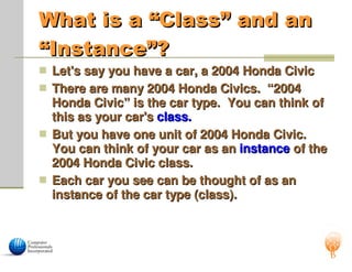 What is a “Class” and an
What is a “Class” and an
“Instance”?
“Instance”?
 Let's say you have a car, a 2004 Honda Civic
Let's say you have a car, a 2004 Honda Civic
 There are many 2004 Honda Civics. “2004
There are many 2004 Honda Civics. “2004
Honda Civic” is the car type. You can think of
Honda Civic” is the car type. You can think of
this as your car's
this as your car's class.
class.
 But you have one unit of 2004 Honda Civic.
But you have one unit of 2004 Honda Civic.
You can think of your car as an
You can think of your car as an instance
instance of the
of the
2004 Honda Civic class.
2004 Honda Civic class.
 Each car you see can be thought of as an
Each car you see can be thought of as an
instance of the car type (class).
instance of the car type (class).
 