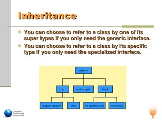 Inheritance
Inheritance
 You can choose to refer to a class by one of its
You can choose to refer to a class by one of its
super types if you only need the generic interface.
super types if you only need the generic interface.
 You can choose to refer to a class by its specific
You can choose to refer to a class by its specific
type if you only need the specialized interface.
type if you only need the specialized interface.
 