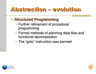 Abstraction – evolution
Abstraction – evolution
 Structured Programming
Structured Programming
 Further refinement of procedural
Further refinement of procedural
programming
programming
 Formal methods of planning data-flow and
Formal methods of planning data-flow and
functional decomposition
functional decomposition
 The “goto” instruction was banned
The “goto” instruction was banned
 