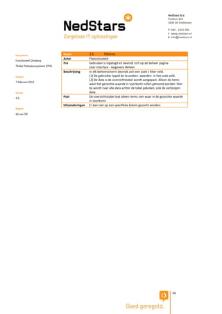 NedStars B.V.
                                                                                                         Postbus 410
                                                                                                         5600 AK Eindhoven

                                                                                                         T 040 - 2352 700
                                                                                                         I www.nedstars.nl
                                                                                                         E info@nedstars.nl




Document                       Naam             3.5.       Filteren
                               Actor            Planconsulent
Functioneel Ontwerp
                               Pre              Gebruiker is ingelogd en bevindt zich op de beheer pagina
Thebe Fleksplansysteem (FPS)                    User interface - Gegevens Beheer
                               Beschrijving     In elk beheerscherm bevindt zich een zoek / filter veld.
Datum                                           (1) De gebruiker typed de te zoeken waarden in het zoek veld.
                                                (2) De data is de overzichtstabel wordt aangepast. Alleen de items
7 februari 2012
                                                waar het gezochte waarde in voorkomt zullen getoond worden. Hier
                                                bij wordt naar alle data achter de tabel gekeken, ook de verborgen
Versie                                          data.
3.0                            Post             De overzichtstabel laat alleen items zien waar in de gezochte waarde
                                                in voorkomt
                               Uitzonderingen   Er kan niet op een specifieke kolom gezocht worden.
Pagina
26 van 52




                                                                                                            26
 