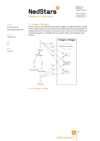 NedStars B.V.
                                                                                                         Postbus 410
                                                                                                         5600 AK Eindhoven

                                                                                                         T 040 - 2352 700
                                                                                                         I www.nedstars.nl
                                                                                                         E info@nedstars.nl




Document                       5. Inloggen / Uitloggen
Functioneel Ontwerp            In deze set aan use cases wordt het proces omtrent inloggen en uitloggen behandeld. Vanwege
                               de twee systemen wijkt de lay-out af tussen het front-end systeem voor de zorgmedewerker of
Thebe Fleksplansysteem (FPS)
                               afdeling medewerker en het systeem voor de planconsulent. Verder zijn de functionaliteiten op
                               “wachtwoord vergeten” na hetzelfde. Deze functionaliteit is alleen maar beschikbaar op de
Datum
                               frontend.
7 februari 2012

                                                                               4 Inloggen / Uitloggen
Versie
                                                                   «uses»
3.0
                                                                     «uses»        Wachtwoord vergeten

Pagina
                                               Medewerker             «uses»
33 van 52

                                          «extends»
                                                 «extends»           «uses»            Inloggen




                                                                                       Mijn account
                                                                                        aanpassen
                                                                     «uses»


                                                                      «uses»
                                Afdeling medewerker
                                                 Zorg medewerker                       Uitloggen
                                                                     «uses»




                                               Planconsulent



                               Use-case 5 Inloggen / Uitloggen




                                                                                                            33
 