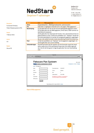 NedStars B.V.
                                                                                                           Postbus 410
                                                                                                           5600 AK Eindhoven

                                                                                                           T 040 - 2352 700
                                                                                                           I www.nedstars.nl
                                                                                                           E info@nedstars.nl




Document                       Naam             5.4.          Mijn gegevens
                               Actor            Zorgmedewerker , Afdelingsmedewerker, planconsulent
Functioneel Ontwerp
                               Pre              Gebruiker is ingelogd en bevindt zich in de pagina “Mijn gegevens”
Thebe Fleksplansysteem (FPS)
                               Beschrijving     (1) De gebruiker kan de aan de account gekoppelde gegevens inzien.
                                                (2) De gebruiker kan de NAW gegevens, email adres, GSM nummer en
Datum                                           wachtwoord aanpassen.
                                                (3) De gebruiker kan daarnaast de functie, nivo, personeelsnummer en
7 februari 2012
                                                geboortedatum inzien. (4) Na het aanklikken van “Opslaan” wordt het
                                                formulier gevalideerd en worden de aangepaste gegevens opgeslagen.
Versie                                          Bij een niet valide formulier treed uitzondering [Foutief formulier] op.
3.0                            Post             (1) Na het aanklikken van “Opslaan” zijn de gegevens opgeslagen. en
                                                ziet de gebruiker een succes melding
                               Uitzonderingen   [Foutief formulier] bij het opslaan van het formulier moet het email
Pagina                                          adres valide zijn en het wachtwoord twee keer het zelfde ingevuld
36 van 52                                       zijn. Als dit niet het geval is krijgt de gebruiker hier een foutmelding
                                                over.




                               Figure 8 Mijn gegevens




                                                                                                              36
 