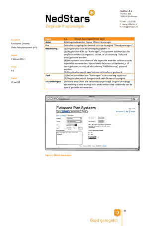 NedStars B.V.
                                                                                                            Postbus 410
                                                                                                            5600 AK Eindhoven

                                                                                                            T 040 - 2352 700
                                                                                                            I www.nedstars.nl
                                                                                                            E info@nedstars.nl




Document                       Naam             6.1.        Dienst Aanvragen (front end)
                               Actor            Afdelingsmedewerker Figuur 3 Dienst aanvragen
Functioneel Ontwerp
                               Pre              Gebruiker is ingelogd en bevindt zich op de pagina “Dienst aanvragen”
Thebe Fleksplansysteem (FPS)
                               Beschrijving     (1) De gebruiker vult de benodigde gegevens in.
                                                (2) De gebruiker klikt op “Aanvragen”, het systeem valideert op alle
Datum                                           verplichte velden zijn ingevuld, zo niet zal uitzondering [Validatie
                                                error] getoond worden.
7 februari 2012
                                                (4) Het systeem controleert of alle ingevulde waardes voldoen aan de
                                                ingestelde voorwaarden, bijvoorbeeld dat extern uitbesteden ja of
Versie                                          nee is gekozen, zo niet zal uitzondering [Validatie error] getoond
                                                worden.
3.0
                                                (5) De gebruiker wordt naar het overzichtsscherm gestuurd.
                               Post             (1) Na het aanklikken van “Aanvragen” is de aanvraag ingediend.
Pagina                                          (2) De gebruiker wordt doorgestuurd naar de overzichtspagina.
39 van 52                      Uitzonderingen   [Validatie error] Niet alle validaties zijn geslaagd. De gebruiker krijgt
                                                een melding te zien waarop staat welke velden niet voldoende aan de
                                                vooraf gestelde voorwaarden.




                               Figuur 3 Dienst aanvragen




                                                                                                               39
 