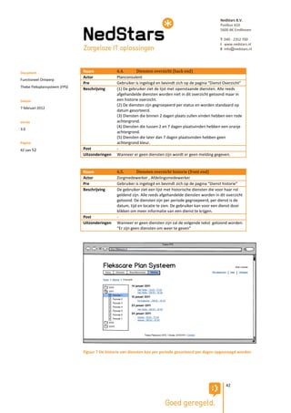 NedStars B.V.
                                                                                                         Postbus 410
                                                                                                         5600 AK Eindhoven

                                                                                                         T 040 - 2352 700
                                                                                                         I www.nedstars.nl
                                                                                                         E info@nedstars.nl




Document                       Naam             6.4.       Diensten overzicht (back end)
                               Actor            Planconsulent
Functioneel Ontwerp
                               Pre              Gebruiker is ingelogd en bevindt zich op de pagina “Dienst Overzicht”
Thebe Fleksplansysteem (FPS)
                               Beschrijving     (1) De gebruiker ziet de lijst met openstaande diensten. Alle reeds
                                                afgehandelde diensten worden niet in dit overzicht getoond maar in
Datum                                           een historie overzicht.
                                                (2) De diensten zijn gegroepeerd per status en worden standaard op
7 februari 2012
                                                datum gesorteerd.
                                                (3) Diensten die binnen 2 dagen plaats zullen vinden hebben een rode
Versie                                          achtergrond.
                                                (4) Diensten die tussen 2 en 7 dagen plaatsvinden hebben een oranje
3.0
                                                achtergrond.
                                                (5) Diensten die later dan 7 dagen plaatsvinden hebben geen
Pagina                                          achtergrond kleur.
42 van 52                      Post             -
                               Uitzonderingen   Wanneer er geen diensten zijn wordt er geen melding gegeven.


                               Naam             6.5.        Diensten overzicht historie (front end)
                               Actor            Zorgmedewerker , Afdelingsmedewerker
                               Pre              Gebruiker is ingelogd en bevindt zich op de pagina “Dienst historie”
                               Beschrijving     De gebruiker ziet een lijst met historische diensten die voor haar rol
                                                geldend zijn. Alle reeds afgehandelde diensten worden in dit overzicht
                                                getoond. De diensten zijn per periode gegroepeerd, per dienst is de
                                                datum, tijd en locatie te zien. De gebruiker kan voor een dienst door
                                                klikken om meer informatie van een dienst te krijgen.
                               Post             -
                               Uitzonderingen   Wanneer er geen diensten zijn zal de volgende tekst getoond worden:
                                                “Er zijn geen diensten om weer te geven”




                               Figuur 7 De historie van diensten kan per periode gesorteerd per dagen opgevraagd worden.




                                                                                                            42
 