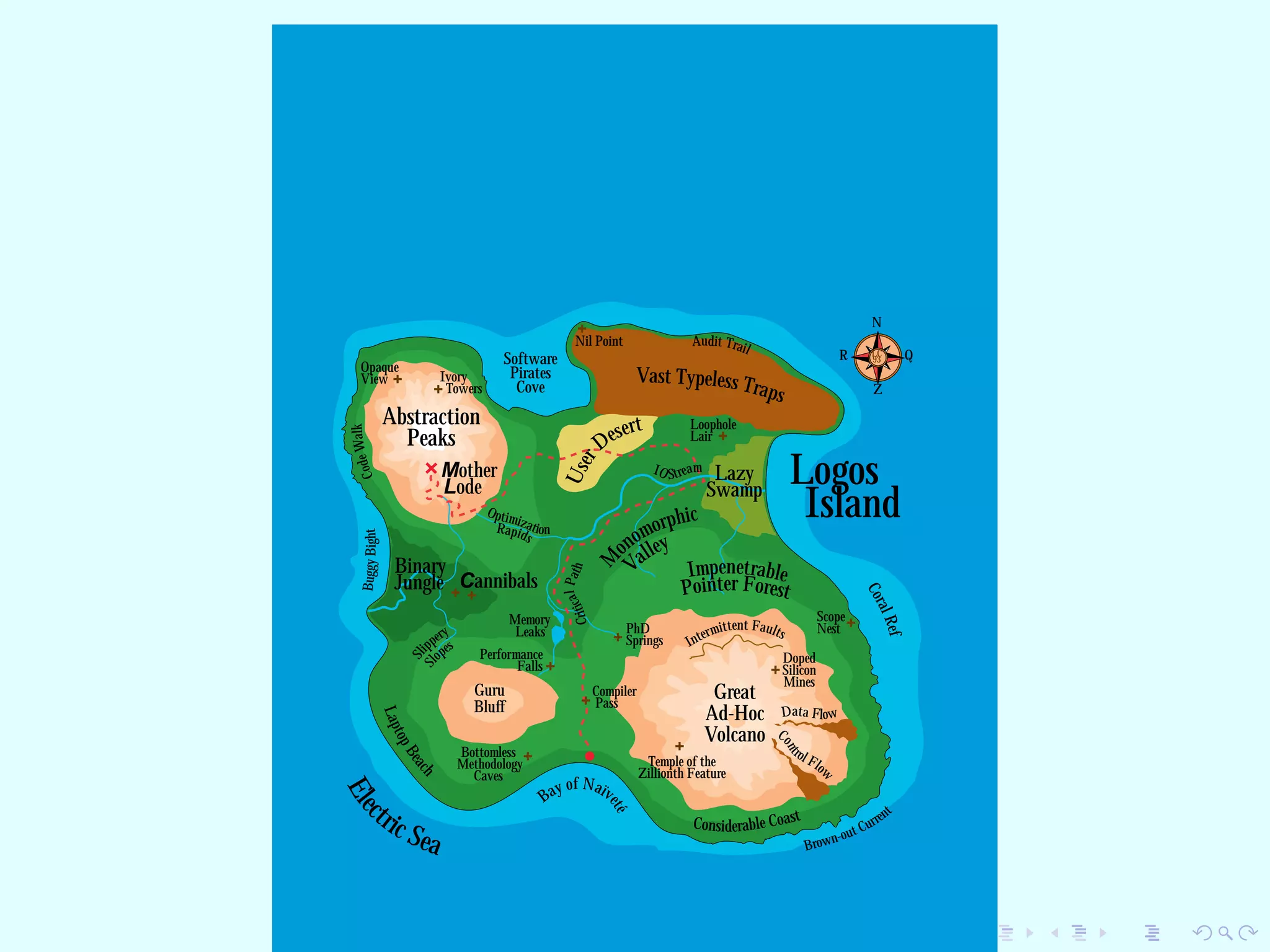 Logos
Island
Guru
Bluff
Bottomless
Methodology
Caves
Cannibals
Temple of the
Zillionth Feature
Performance
Falls
Nil Point
Compiler
Pass
Ivory
Towers
Software
Pirates
Cove
PhD
Springs
Mother
Lode
Binary
Jungle
Vast Typeless Traps
CoralRef
Elec
tric Sea
Pointer Forest
Impenetrable
IO Stream
Sli
ppery
Sl
opes
BuggyBight
Bay of Naïv
eté
Valley
M
onomorphic
Memory
Leaks
Considerable Coast
CriticalPath
+ +
Lazy
Swamp
OptimizationRapids
+
+
+
+
+
+
+LaptopBeach
+
Doped
Silicon
Mines
Intermittent Faults
Data Flow
C
ont
rol Flo
w
+
Opaque
View
CodeWalk
Audit Trail
+
Loophole
Lair
Brown-out Current
N
LC
93
Z
R Q
+Scope
Nest
User
Desert
Great
Ad-Hoc
Volcano
Abstraction
Peaks
 