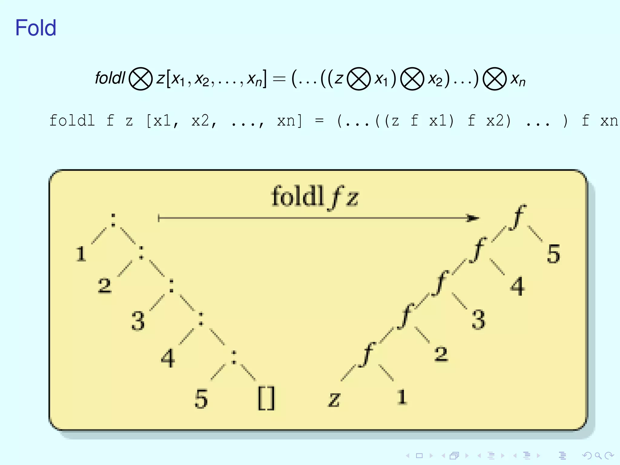 Fold
foldl z[x1,x2,...,xn] = (...((z x1) x2)...) xn
foldl f z [x1, x2, ..., xn] = (...((z f x1) f x2) ... ) f xn
 