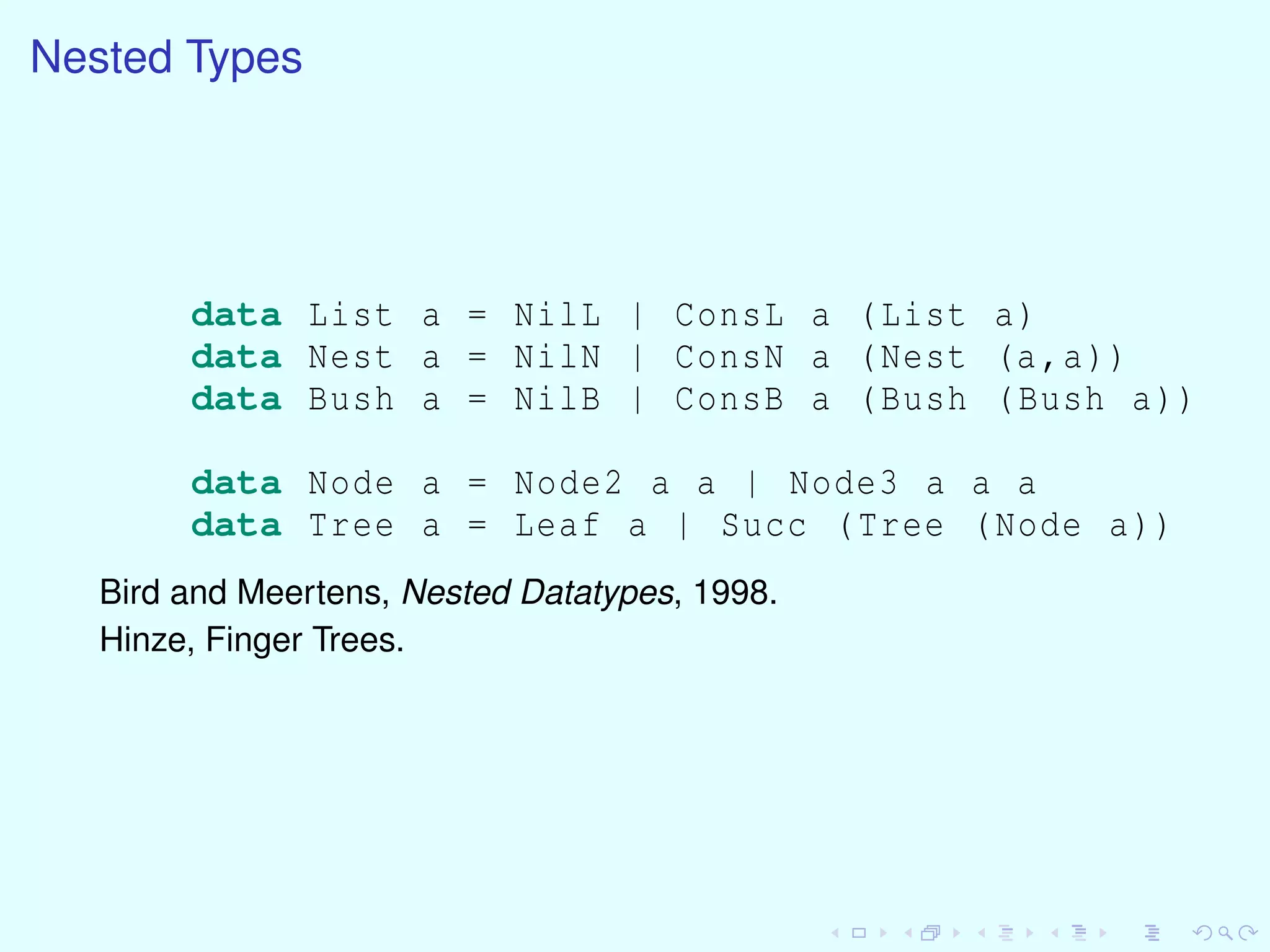 Nested Types
data List a = NilL | ConsL a (List a)
data Nest a = NilN | ConsN a (Nest (a,a))
data Bush a = NilB | ConsB a (Bush (Bush a))
data Node a = Node2 a a | Node3 a a a
data Tree a = Leaf a | Succ (Tree (Node a))
Bird and Meertens, Nested Datatypes, 1998.
Hinze, Finger Trees.
 