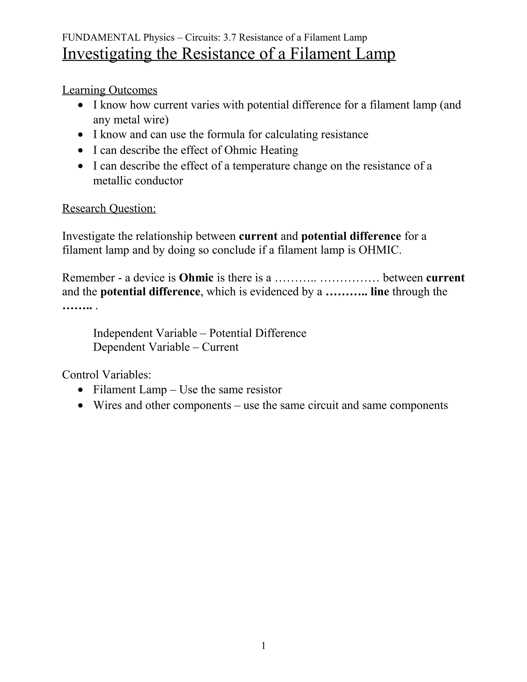 Fun 3.7 resistance of a filament lamp - notes | DOC