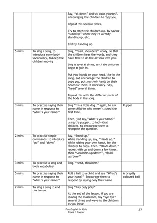 Say, “sit down” and sit down yourself,
                                      encouraging the children to copy you.

                                      Repeat this several times.

                                      Try to catch the children out, by saying
                                      “stand up” when they’re already
                                      standing up, etc.

                                      End by standing up.

5 mins   To sing a song, to           Sing, “head, shoulders” slowly, so that
         introduce some body          the children hear the words, and they
         vocabulary, to keep the      have time to do the actions with you.
         children moving
                                      Sing it several times, until the children
                                      begin to join in.

                                      Put your hands on your head, like in the
                                      song, and encourage the children to
                                      copy you, putting their hands on their
                                      heads for them, if necessary. Say,
                                      ”head” several times.

                                      Repeat this with the different parts of
                                      the body in the song.

3 mins   To practise saying their     Sing “I’m a little dog…” again, to ask      Puppet
         name in response to          some children who weren’t asked the
         “what’s your name?”          first time.

                                      Then, just say,”What’s your name?”
                                      using the puppet, to individual
                                      children, to encourage them to
                                      recognise the question.

2 mins   To practise simple           Say, “Stand up.”
         commands, to introduce       While standing up, say, “Hands up,”
         “up” and “down”              while raising your own hands, for the
                                      children to copy. Then, “Hands down,”
                                      repeat with up and down a few times,
                                      then “Shoulders up/down”, “Head
                                      up/down”

3 mins   To practise a song and       Sing, “Head, shoulders”
         body vocabulary

5 mins   To practise saying their     Roll a ball to a child and say, “What’s     A brightly
         name in response to          your name?” Encourage them to               coloured ball
         “what’s your name?”          respond by saying only their name

2 mins   To sing a song to end        Sing “Roly poly poly”
         the lesson
                                      At the end of the lesson, if you are
                                      leaving the classroom, say “bye bye”
                                      several times and wave to the children
                                      as you leave
                                    Fun English for Kids                                     37
                                      Fiona L Cooper
 