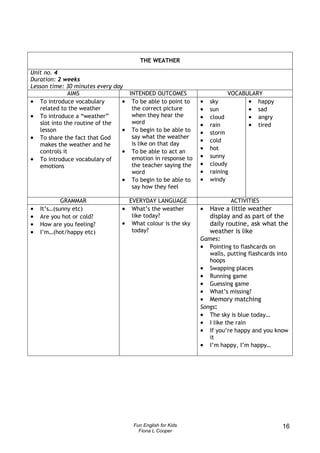 THE WEATHER

Unit no. 4
Duration: 2 weeks
Lesson time: 30 minutes every day
              AIMS                 INTENDED OUTCOMES                    VOCABULARY
• To introduce vocabulary        • To be able to point to    •   sky          • happy
   related to the weather           the correct picture      •   sun          • sad
• To introduce a “weather”          when they hear the       •   cloud        • angry
   slot into the routine of the     word                     •   rain         • tired
   lesson                        • To begin to be able to    •   storm
• To share the fact that God        say what the weather
                                                             •   cold
   makes the weather and he         is like on that day
   controls it                   • To be able to act an      •   hot
• To introduce vocabulary of        emotion in response to   •   sunny
   emotions                         the teacher saying the   •   cloudy
                                    word                     •   raining
                                 • To begin to be able to    •   windy
                                    say how they feel

            GRAMMAR               EVERYDAY LANGUAGE                      ACTIVITIES
•   It’s…(sunny etc)            •  What’s the weather        •  Have a little weather
•   Are you hot or cold?           like today?                  display and as part of the
•   How are you feeling?        • What colour is the sky        daily routine, ask what the
•   I’m…(hot/happy etc)            today?                       weather is like
                                                             Games:
                                                             • Pointing to flashcards on
                                                                 walls, putting flashcards into
                                                                 hoops
                                                             •   Swapping places
                                                             •   Running game
                                                             •   Guessing game
                                                             •   What’s missing?
                                                             •   Memory matching
                                                             Songs:
                                                             • The sky is blue today…
                                                             • I like the rain
                                                             • If you’re happy and you know
                                                                it
                                                             • I’m happy, I’m happy…




                                    Fun English for Kids                                     16
                                      Fiona L Cooper
 