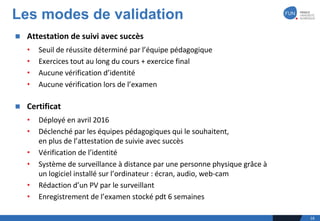 n Attestation	de	suivi	avec	succès
• Seuil	de	réussite	déterminé	par	l’équipe	pédagogique	
• Exercices	tout	au	long	du	cours	+	exercice	final
• Aucune	vérification	d’identité
• Aucune	vérification	lors	de	l’examen
n Certificat
• Déployé	en	avril	2016
• Déclenché	par	les	équipes	pédagogiques	qui	le	souhaitent,	
en	plus	de	l’attestation	de	suivie	avec	succès
• Vérification	de	l’identité
• Système	de	surveillance	à	distance	par	une	personne	physique	grâce	à	
un	logiciel	installé	sur	l’ordinateur	:	écran,	audio,	web-cam
• Rédaction	d’un	PV	par	le	surveillant
• Enregistrement	de	l’examen	stocké	pdt	6	semaines
Les modes de validation
16
 