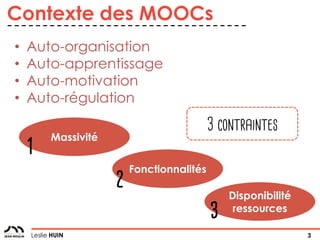 3Leslie HUIN
Contexte des MOOCs
• Auto-organisation
• Auto-apprentissage
• Auto-motivation
• Auto-régulation
Massivité
Fon...