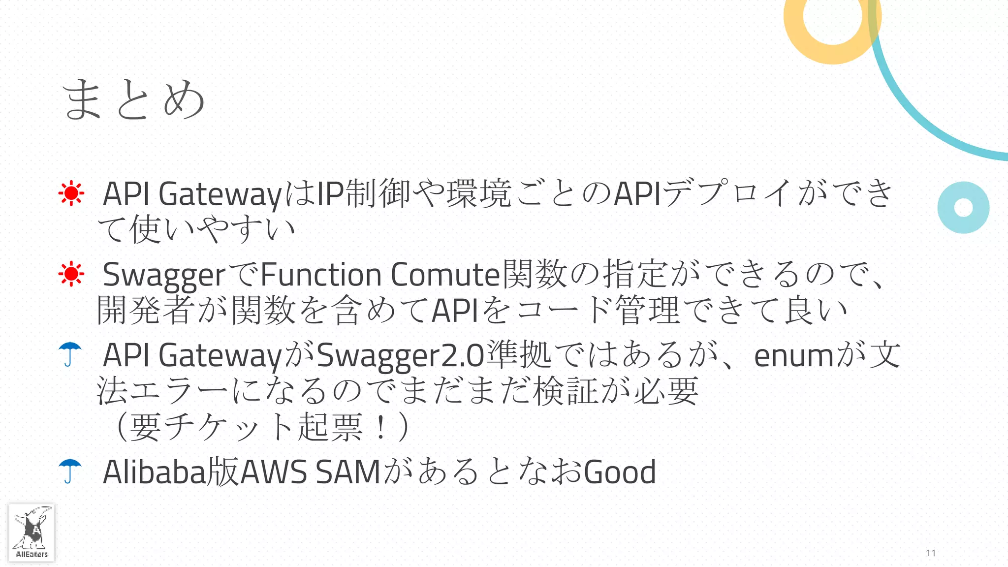 まとめ
☀ API GatewayはIP制御や環境ごとのAPIデプロイができ
て使いやすい
☀ SwaggerでFunction Comute関数の指定ができるので、
開発者が関数を含めてAPIをコード管理できて良い
☂ API GatewayがSwagger2.0準拠ではあるが、enumが文
法エラーになるのでまだまだ検証が必要
（要チケット起票！）
☂ Alibaba版AWS SAMがあるとなおGood
11
 
