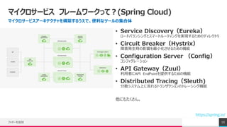 ޥ`ӥ ե``äƣ(Spring Cloud)
ޥ`ӥ`ƥ򘋺B뤦ǡʥĩ`μ
եå`׷ 10
https://spring.io/
? Service DiscoveryEureka
`ɥХ󥷥󥰤ȥީ`ȥ`ƥ󥰤gF뤿Υǥ쥯ȥ
? Circuit BreakerHystrix
ϺkrӰ푤С뤿ΙC
? Configuration Server Config
ե`
? API GatewayZuul
ߤAPI EndPointṩ뤿ΙC
? Distributed TracingSleuth)
ɢƥϤȥ󥶥Υȥ`󥰙C
ˤ⤿
 