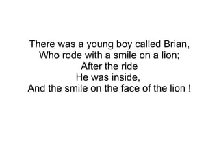 There was a young boy called Brian,
Who rode with a smile on a lion;
After the ride
He was inside,
And the smile on the face of the lion !
 