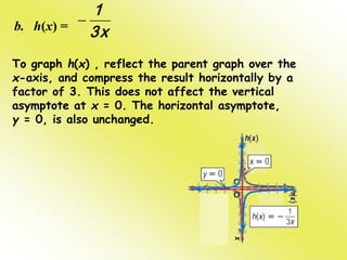b. h(x) = 3x
1

To graph h(x) , reflect the parent graph over the
x-axis, and compress the result horizontally by a
factor of 3. This does not affect the vertical
asymptote at x = 0. The horizontal asymptote,
y = 0, is also unchanged.
 