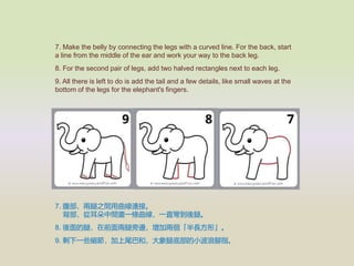 7. Make the belly by connecting the legs with a curved line. For the back, start
a line from the middle of the ear and work your way to the back leg.
8. For the second pair of legs, add two halved rectangles next to each leg.
9. All there is left to do is add the tail and a few details, like small waves at the
bottom of the legs for the elephant's fingers.
7. ֮gBӡ
Ķgһlһֱȡ
8. ȣǰ߅ӃɂLΡ
9. ʣһЩβͺͣȵײС_ָ
 