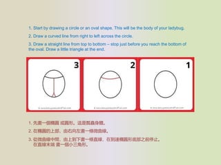 1. Start by drawing a circle or an oval shape. This will be the body of your ladybug.
2. Draw a curved line from right to left across the circle.
3. Draw a straight line from top to bottom C stop just before you reach the bottom of
the oval. Draw a little triangle at the end.
1. ȮһEA AΡ@ưxw
2. ڙEAϲһl΢
3. ΢gϵ®һlֱڵ_EAεײ֮ǰֹͣ
ֱĩ һСΡ
 