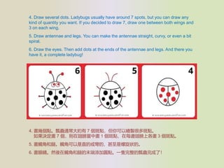 4. Draw several dots. Ladybugs usually have around 7 spots, but you can draw any
kind of quantity you want. If you decided to draw 7, draw one between both wings and
3 on each wing.
5. Draw antennae and legs. You can make the antennae straight, curvy, or even a bit
spiral.
6. Draw the eyes. Then add dots at the ends of the antennae and legs. And there you
have it, a complete ladybug!
4. ׂcưxͨs 7 cLuܶc
Q 7 tڳЮ 1 cÿ߅ϸ 3 c
5. |Ǻȡ|ǿֱĻ򏝵ģġ
6. ۾Ȼ|ǺȵĩӈAcһbưxˣ
 