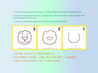 1. Start by drawing the head. Draw a U shape. Make the middle part slightly wider.
2. Connect the endpoints of your U shape with a wavy line. Then, draw a triangle with
rounded edges for the nose.
3. Add two curved lines above the nose and w curved line below.
1. {^һ U Ρg΢һc
2. ò˾B U ͵픶ˡ Ȼᮋһ  ӣ̎ʈAΡ
3. ڱϷӃɗlڱ· w 
 
