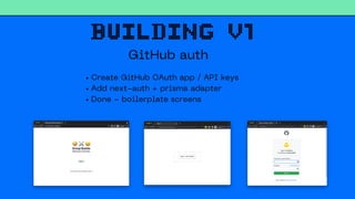 building v1
GitHub auth
Create GitHub OAuth app / API keys
Add next-auth + prisma adapter
Done - boilerplate screens
 