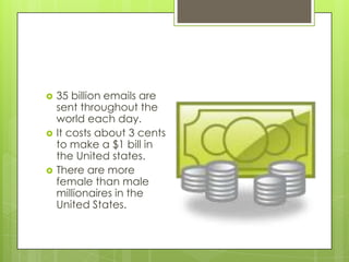    35 billion emails are
    sent throughout the
    world each day.
   It costs about 3 cents
    to make a $1 bill in
    the United states.
   There are more
    female than male
    millionaires in the
    United States.
 