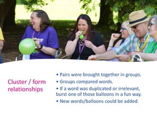 Cluster / form
relationships
• Pairs were brought together in groups.
• Groups compared words.
• If a word was duplicated or irrelevant,
burst one of those balloons in a fun way.
• New words/balloons could be added.
 