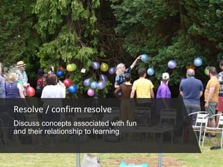 Resolve / confirm resolve
Discuss concepts associated with fun
and their relationship to learning.
 