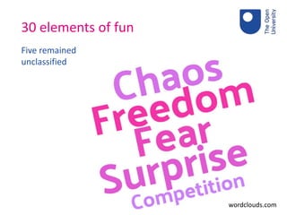 30 elements of fun
Five remained
unclassified
wordclouds.com
 