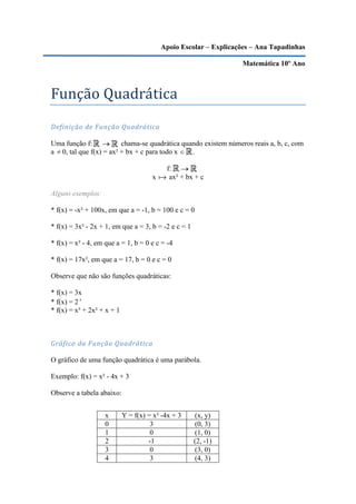 Apoio Escolar – Explicações – Ana Tapadinhas

                                                                 Matemática 10º Ano



Função Quadrática
Definição de Função Quadrática

Uma função f:           chama-se quadrática quando existem números reais a, b, c, com
a 0, tal que f(x) = ax² + bx + c para todo x   .

                                         f:
                                      x  ax² + bx + c

Alguns exemplos:

* f(x) = -x² + 100x, em que a = -1, b = 100 e c = 0

* f(x) = 3x² - 2x + 1, em que a = 3, b = -2 e c = 1

* f(x) = x² - 4, em que a = 1, b = 0 e c = -4

* f(x) = 17x², em que a = 17, b = 0 e c = 0

Observe que não são funções quadráticas:

* f(x) = 3x
* f(x) = 2 x
* f(x) = x³ + 2x² + x + 1



Gráfico da Função Quadrática

O gráfico de uma função quadrática é uma parábola.

Exemplo: f(x) = x² - 4x + 3

Observe a tabela abaixo:


                    x       Y = f(x) = x² -4x + 3     (x, y)
                    0                 3               (0, 3)
                    1                 0               (1, 0)
                    2                -1               (2, -1)
                    3                 0               (3, 0)
                    4                 3               (4, 3)
 
