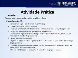Atividade Prática
• Material:
Copo de plástico descartável, alfinete,relógio e água.
• Procedimento (1):
– Graduar um copo descartável em mL (mililitros);
– Encher o copo com a marca desejada;
– Fazer um furinho no fundo do copo com o alfinete, para que a água goteje pelo furo;
– Registrar o volume inicial do copo ao iniciar o gotejamento;
– Numa tabela, registrar o volume de água no copo depois de 4 minutos, 8 minutos, 12
minutos e 16 minutos de gotejamento;
– Avaliar a precisão das medidas;
– A partir da tabela, construir o gráfico cartesiano do volume de água em função do tempo
do gotejamento;
– Observar como variam essas grandezas e se é possível escrever a relação entre elas por
meio de uma sentença matemática;
– Elaborar relatório com as conclusões de cada aluno ou grupo de alunos.
 