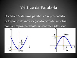Vértice da Parábola
O vértice V de uma parábola é representado
pelo ponto de intersecção do eixo de simetria
com a própria...
