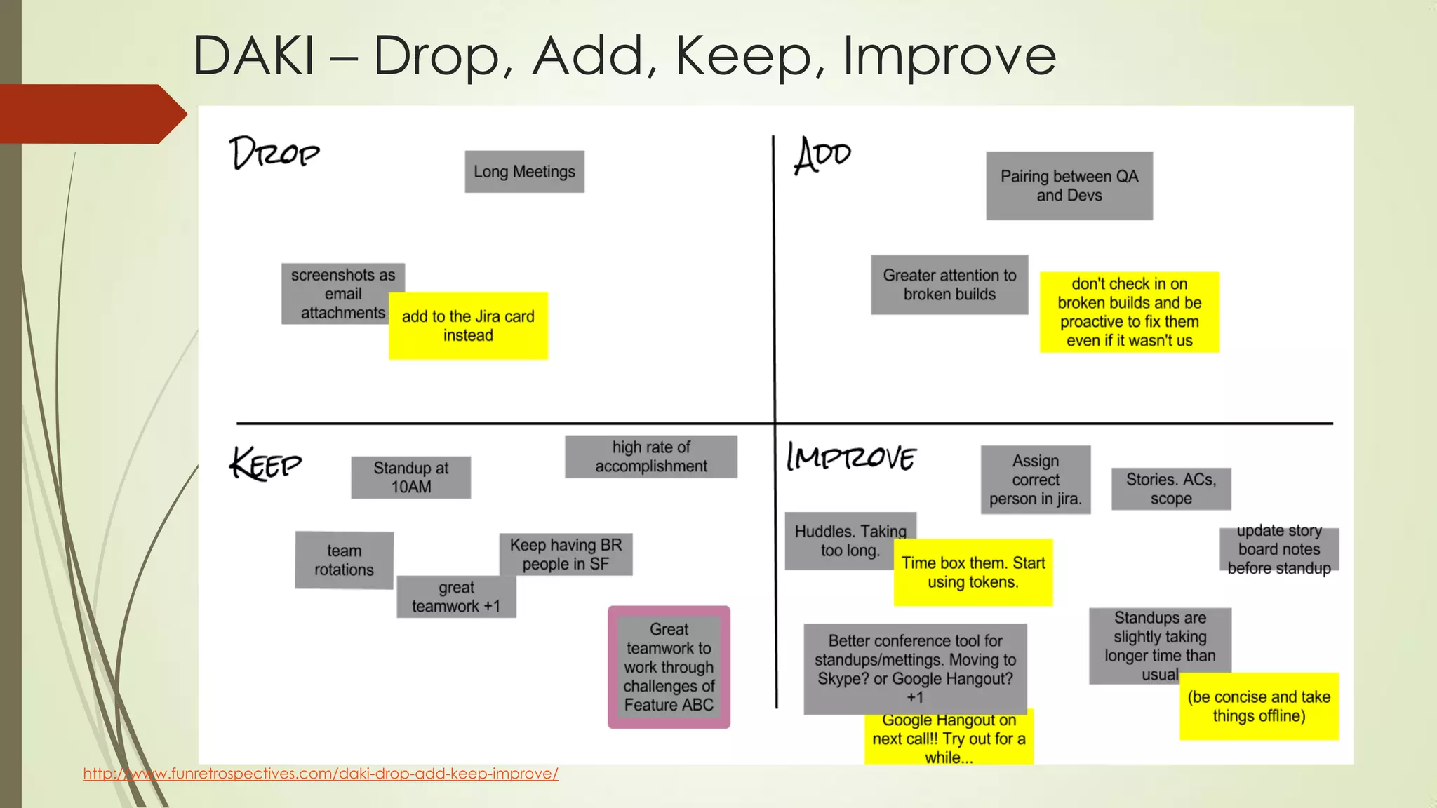 DAKI – Drop, Add, Keep, Improve
http://www.funretrospectives.com/daki-drop-add-keep-improve/
 