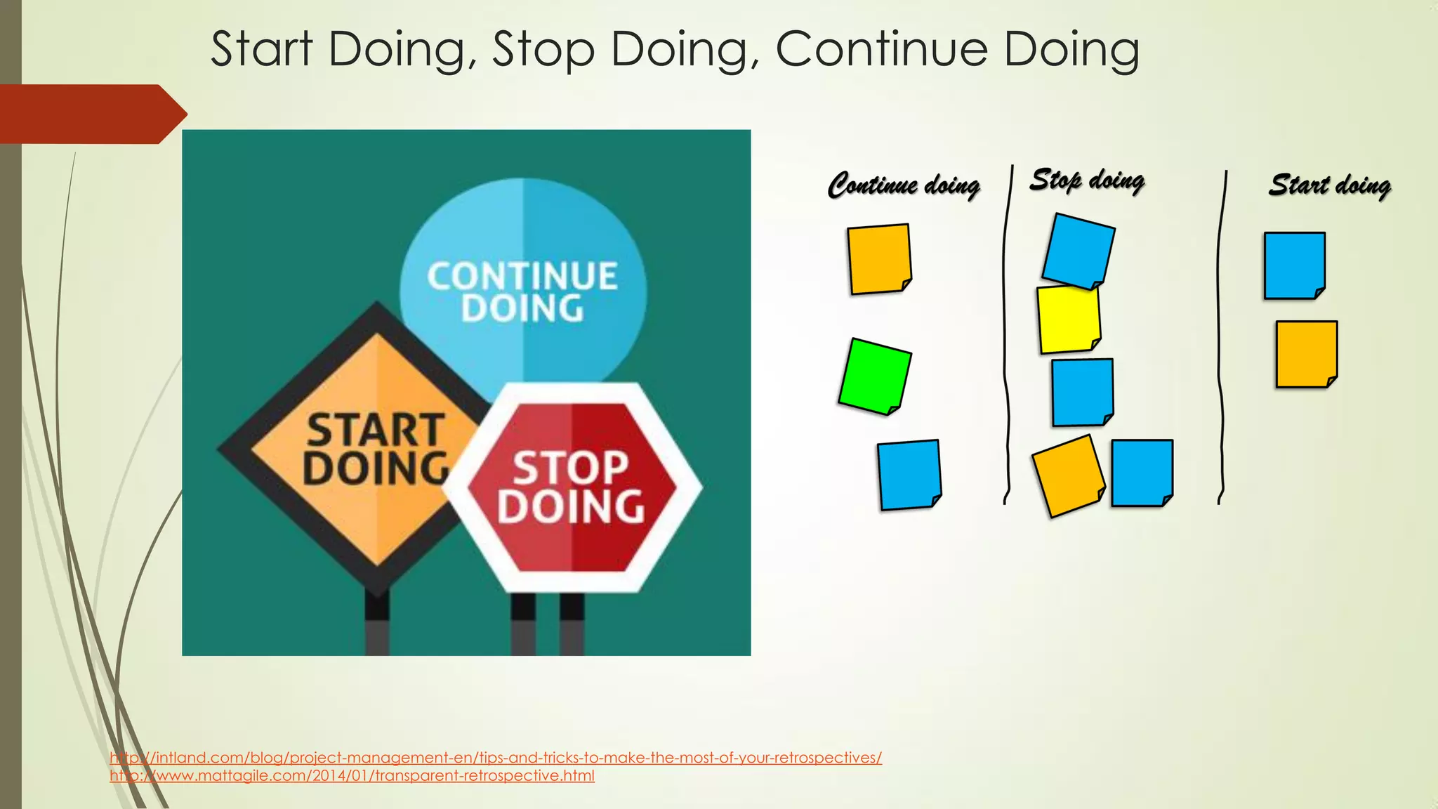 Start Doing, Stop Doing, Continue Doing
http://intland.com/blog/project-management-en/tips-and-tricks-to-make-the-most-of-your-retrospectives/
http://www.mattagile.com/2014/01/transparent-retrospective.html
 