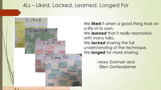 4Ls – Liked, Lacked, Learned, Longed For
http://www.ebgconsulting.com/blog/the-4l%E2%80%99s-a-retrospective-technique/
http://www.ebgconsulting.com/blog/the-4l%E2%80%99s-a-retrospective-technique/
We liked it when a good thing took on
a life of its own.
We learned that it really resonated
with many folks.
We lacked sharing the full
understanding of the technique.
We longed for more sharing.
- Mary Gorman and
Ellen Gottesdeimer
 