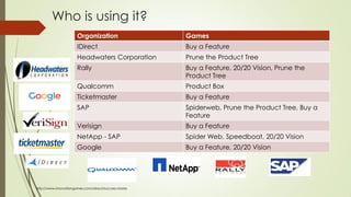 Who is using it?
Organization Games
IDirect Buy a Feature
Headwaters Corporation Prune the Product Tree
Rally Buy a Feature, 20/20 Vision, Prune the
Product Tree
Qualcomm Product Box
Ticketmaster Buy a Feature
SAP Spiderweb, Prune the Product Tree, Buy a
Feature
Verisign Buy a Feature
NetApp - SAP Spider Web, Speedboat, 20/20 Vision
Google Buy a Feature, 20/20 Vision
http://www.innovationgames.com/about/success-stories
 