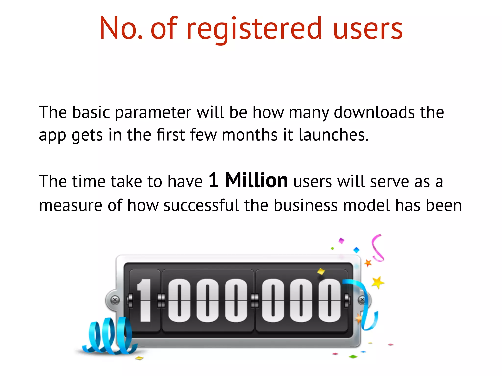 No. of registered users
The basic parameter will be how many downloads the
app gets in the ﬁrst few months it launches.
The time take to have 1 Million users will serve as a
measure of how successful the business model has been
 