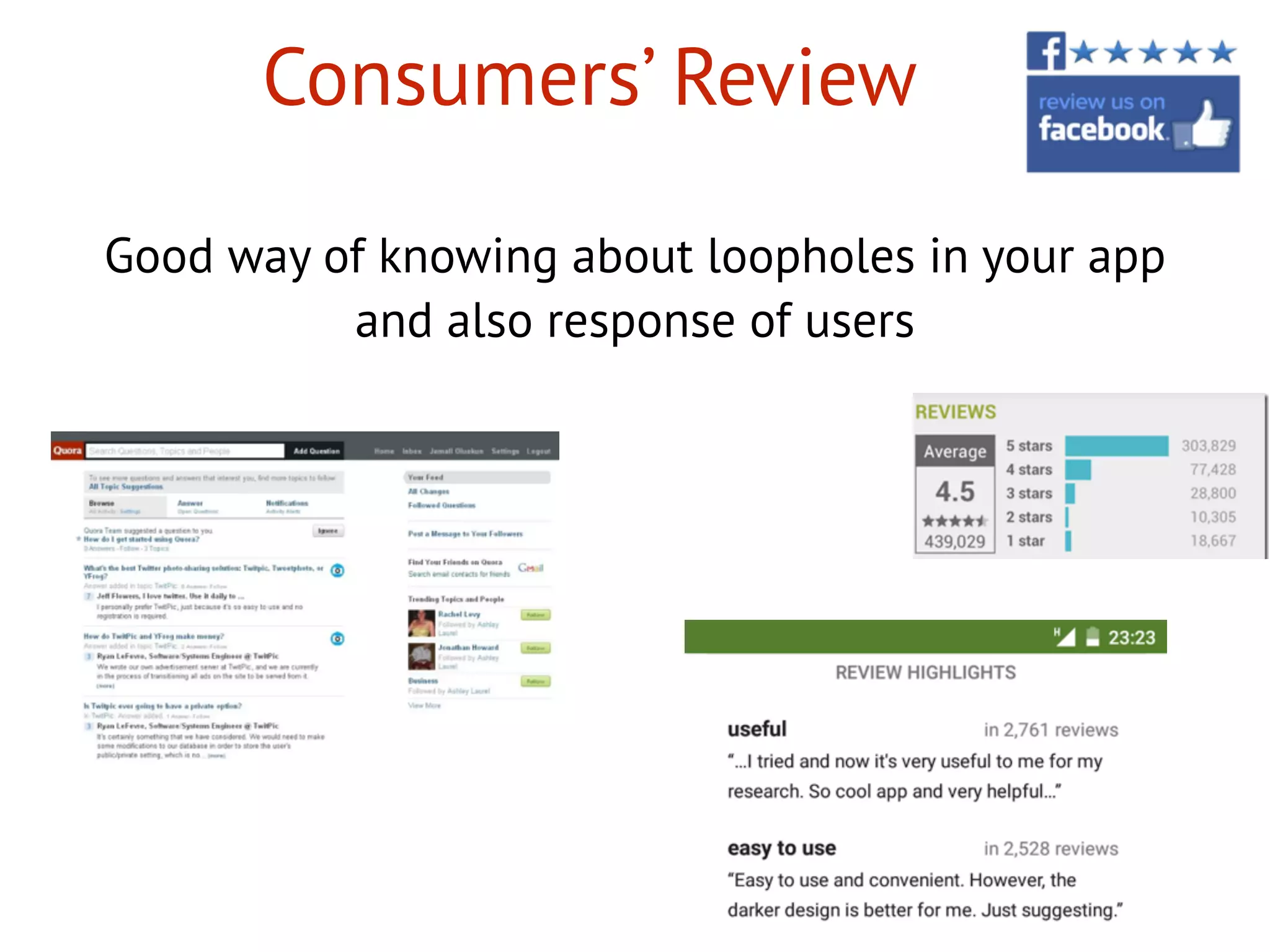 Consumers’ Review
Good way of knowing about loopholes in your app
and also response of users
 