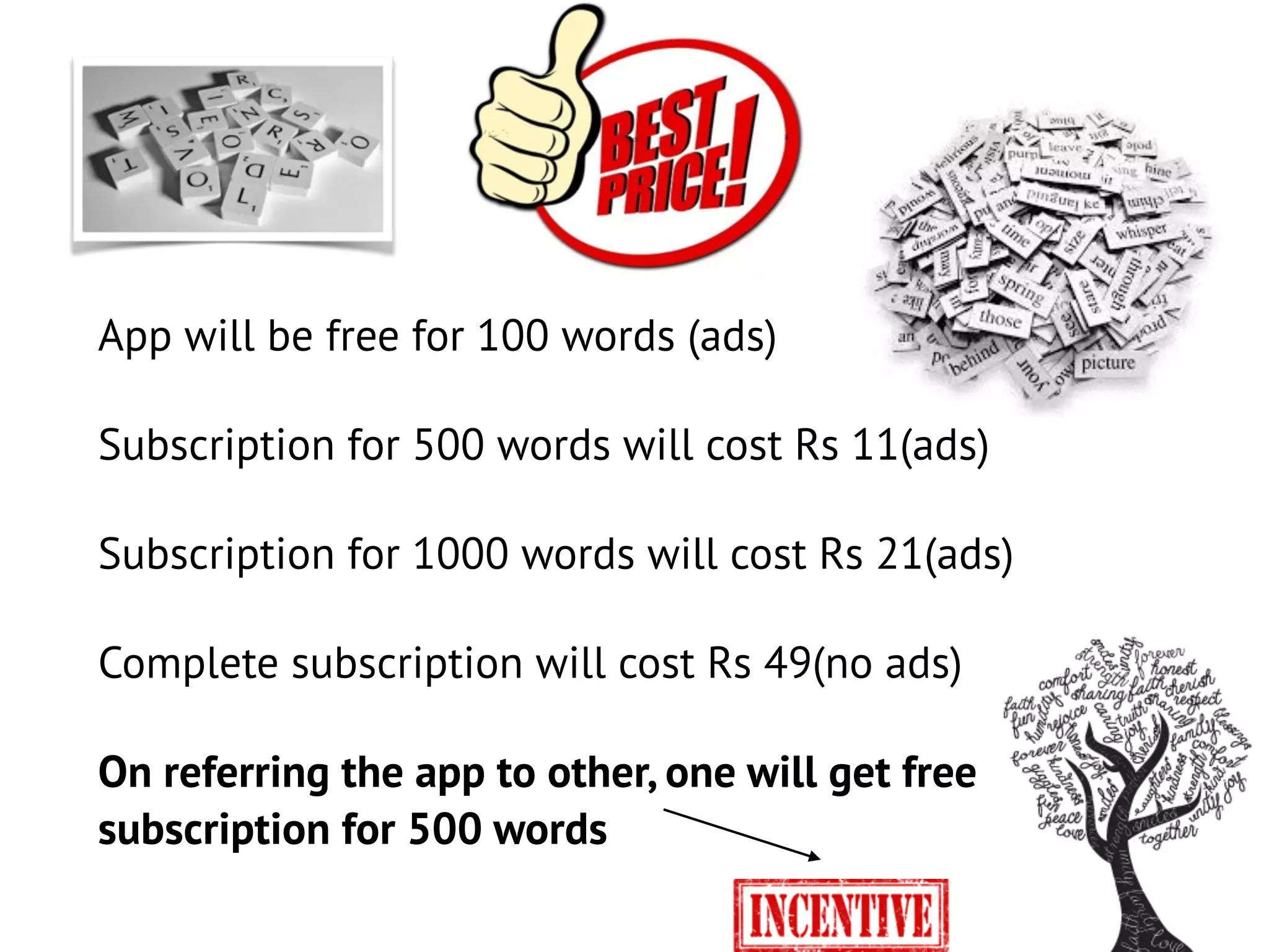 App will be free for 100 words (ads)
Subscription for 500 words will cost Rs 11(ads)
Subscription for 1000 words will cost Rs 21(ads)
Complete subscription will cost Rs 49(no ads)
On referring the app to other, one will get free
subscription for 500 words
 