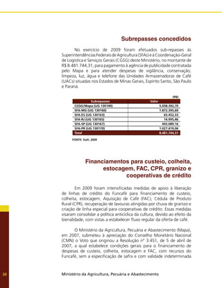 Ministério da Agricultura, Pecuária e Abastecimento
20
Subrepasses concedidos
No exercício de 2009 foram efetuados sub-repasses às
SuperintendênciasFederaisdeAgricultura(SFAs)eàCoordenação-Geral
de Logistíca e Serviços Gerais (CGSG) deste Ministério, no montante de
R$ 8.481.744,31, para pagamento à agência de publicidade contratada
pelo Mapa e para atender despesas de vigilância, conservação,
limpeza, luz, água e telefone das Unidades Armazenadoras de Café
(UACs) situadas nos Estados de Minas Gerais, Espírito Santo, São Paulo
e Paraná.
(R$)
Subrepasses Valor
CGSG/Mapa (UG 130140) 5.058.392,70
SFA-MG (UG 130160) 1.872.395,60
SFA-ES (UG 130163) 65.452,33
SFA-RJ (UG 130165) 14.995,46
SFA-SP (UG 130167) 443.089,16
SFA-PR (UG 130170) 1.027.419,06
Total 8.481.744,31
FONTE: Siafi, 2009
Financiamentos para custeio, colheita,
estocagem, FAC, CPR, granizo e
cooperativas de crédito
Em 2009 foram intensificadas medidas de apoio à liberação
de linhas de crédito do Funcafé para financiamento de custeio,
colheita, estocagem, Aquisição de Café (FAC), Cédula de Produto
Rural (CPR), recuperação de lavouras atingidas por chuva de granizo e
criação de linha especial para cooperativas de crédito. Essas medidas
visaram consolidar a política anticíclica da cultura, devido ao efeito da
bienalidade, com vistas a estabelecer fluxo regular da oferta de café.
O Ministério da Agricultura, Pecuária e Abastecimento (Mapa),
em 2007, submeteu à apreciação do Conselho Monetário Nacional
(CMN) o Voto que originou a Resolução nº 3.451, de 5 de abril de
2007, a qual estabelece condições gerais para o financiamento de
despesas de custeio, colheita, estocagem e FAC, com recursos do
Funcafé, sem a especificação de safra e com validade indeterminada
 