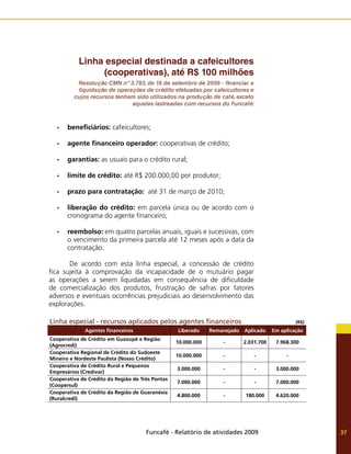 Funcafé - Relatório de atividades 2009 37
Linha especial - recursos aplicados pelos agentes financeiros (R$)
Agentes financeiros Liberado Remanejado Aplicado Em aplicação
Cooperativa de Crédito em Guaxupé e Região
(Agrocredi)
10.000.000 - 2.031.700 7.968.300
Cooperativa Regional de Crédito do Sudoeste
Mineiro e Nordeste Paulista (Nosso Crédito)
10.000.000 - - -
Cooperativa de Crédito Rural e Pequenos
Empresários (Credivar)
3.000.000 - - 3.000.000
Cooperativa de Crédito da Região de Três Pontas
(Coopersul)
7.000.000 - - 7.000.000
Cooperativa de Crédito da Região de Guaranésia
(Ruralcredi)
4.800.000 - 180.000 4.620.000
Linha especial destinada a cafeicultores
(cooperativas), até R$ 100 milhões
Resolução CMN nº 3.783, de 16 de setembro de 2009 - financiar a
liquidação de operações de crédito efetuadas por cafeicultores e
cujos recursos tenham sido utilizados na produção de café, exceto
aquelas lastreadas com recursos do Funcafé:
beneficiários:
•	 cafeicultores;
agente financeiro operador:
•	 cooperativas de crédito;
garantias:
•	 as usuais para o crédito rural;
limite de crédito:
•	 até R$ 200.000,00 por produtor;
prazo para contratação:
•	 até 31 de março de 2010;
liberação do crédito:
•	 em parcela única ou de acordo com o
cronograma do agente financeiro;
reembolso:
•	 em quatro parcelas anuais, iguais e sucessivas, com
o vencimento da primeira parcela até 12 meses após a data da
contratação.
	 De acordo com esta linha especial, a concessão de crédito
fica sujeita à comprovação da incapacidade de o mutuário pagar
as operações a serem liquidadas em consequência de dificuldade
de comercialização dos produtos, frustração de safras por fatores
adversos e eventuais ocorrências prejudiciais ao desenvolvimento das
explorações.
 