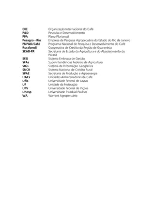 OIC Organização Internacional do Café
P&D Pesquisa e Desenvolvimento
PPA Plano Plurianual
Pesagro - Rio Empresa de Pesquisa Agropecuária do Estado do Rio de Janeiro
PNP&D/Café Programa Nacional de Pesquisa e Desenvolvimento do Café
Ruralcredi Cooperativa de Crédito da Região de Guaranésia
SEAB-PR Secretaria de Estado da Agricultura e do Abastecimento do
Paraná
SEG Sistema Embrapa de Gestão
SFAs Superintendências Federais de Agricultura
SIGs Sistema de Informação Geográfica
SNCR Sistema Nacional de Crédito Rural
SPAE Secretaria de Produção e Agroenergia
UACs Unidades Armazenadoras de Café
Ufla Universidade Federal de Lavras
UF Unidade da Federação
UFV Universidade Federal de Viçosa
Unesp Universidade Estadual Paulista
WA Warrant Agropecuário
 