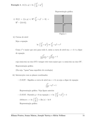 Exemplo 1. 4 f(x, y) = ln
x2
9
+ y2
i) D(f) = {(x, y) ∈ R2
;
x2
9
+ y2
> 0} =
R2
− {(0, 0)}.
O x
y
Representação gráﬁca
Figura 1
ii) Curvas de nível
Seja a equação
ln
x2
9
+ y2
⇔
x2
9
+ y2
= ek
Como ek
é maior que zero para todo k, então a curva de nível em z = k é a elipse
de equação
x2
(3ek/2)2
+
y2
(ek/2)2
= 1
cujo semi-eixo no eixo OX é sempre três vezes maior que e o semi-eixo no eixo OY .
Representação gráﬁca
(Ou seja, "quase"uma superfície de revolução)
iii) Intersecções com os planos coordenados
–
Ì
XOY : Signiﬁca a curva de nível em z = 0, ou seja a elipse de equação
x2
(3)2
+ y2
= 1
Representação gráﬁca: Veja ﬁgura anterior
–
Ì
XOZ : Fazendo y = 0 na equação z = ln
x2
9
+ y2
= 1
obtém-se z = ln
x2
9
= 2ln |x| − ln 9
Representação gráﬁca
Eliana Prates, Ivana Matos, Joseph Yartey e Silvia Velloso 50
 