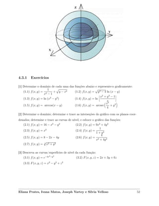 4.3.1 Exercícios
[1] Determine o domínio de cada uma das funções abaixo e represente-o graﬁcamente:
(1.1) f(x, y) =
1
x2 − 1
+ y − x2 (1.2) f(x, y) =
√
y2 − 4 ln (x − y)
(1.3) f(x, y) = ln (x2
− y2
) (1.4) f(x, y) = ln
å
x2
+ y2
− 1
x
è
(1.5) f(x, y) = arccos(x − y) (1.6) f(x, y) = arcsec
x2
4
+ y2
[2] Determine o domínio; determine e trace as interseções do gráﬁco com os planos coor-
denados; determine e trace as curvas de nível; e esboce o gráﬁco das funções:
(2.1) f(x, y) = 16 − x2
− y2
(2.2) f(x, y) = 9x2
+ 4y2
(2.3) f(x, y) = x2
(2.4) f(x, y) =
1
1 + y2
(2.5) f(x, y) = 8 − 2x − 4y (2.6) f(x, y) =
4
x2 + 4y2
(2.7) f(x, y) = 4
√
x2 + y2
[3] Descreva as curvas/superfícies de nível da cada função:
(3.1) f(x, y) = e−4x2−y2
(3.2) F(x, y, z) = 2x + 3y + 6z
(3.3) F(x, y, z) = x2
− y2
+ z2
Eliana Prates, Ivana Matos, Joseph Yartey e Silvia Velloso 52
 