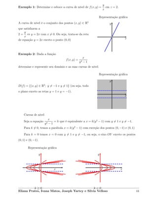 Exemplo 1: Determine e esboce a curva de nível de f(x, y) =
y
x
em z = 2.
A curva de nível é o conjunto dos pontos (x, y) ∈ R2
que satisfazem a
2 =
y
x
⇔ y = 2x com x = 0. Ou seja, trata-se da reta
de equação y = 2x exceto o ponto (0, 0) x
y
Representação gráﬁca
Exemplo 2: Dada a função
f(x, y) =
x
y2 − 1
determine e represente seu domínio e as suas curvas de nível.
D(f) = {(x, y) ∈ R2
; y = −1 e y = 1} (ou seja, todo
o plano exceto as retas y = 1 e y = −1).
x
y
Representação gráﬁca
Curvas de nível
Seja a equação
x
y2 − 1
= k que é equivalente a x = k(y2
− 1) com y = 1 e y = −1.
Para k = 0, temos a parábola x = k(y2
− 1) com exceção dos pontos (0, −1) e (0, 1)
Para k = 0 temos x = 0 com y = 1 e y = −1, ou seja, o eixo OY exceto os pontos
(0, 1) e (0, −1).
x
y
Representação gráﬁca
k ≥ 0
x
y
k < 0
Eliana Prates, Ivana Matos, Joseph Yartey e Silvia Velloso 44
 