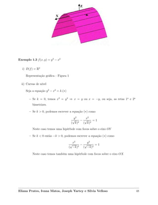 Exemplo 1.3 f(x, y) = y2
− x2
i) D(f) = R2
Representação gráﬁca : Figura 1
ii) Curvas de nível
Seja a equação y2
− x2
= k.(∗)
– Se k = 0, temos x2
= y2
⇒ x = y ou x = −y, ou seja, as retas 1a
e 2a
bissetrizes.
– Se k > 0, podemos escrever a equação (∗) como
y2
(
√
k)2
−
x2
(
√
k)2
= 1
Neste caso temos uma hipérbole com focos sobre o eixo OY
– Se k < 0 então −k > 0, podemos escrever a equação (∗) como
x2
(
√
−k)2
−
y2
(
√
−k)2
= 1
Neste caso temos também uma hipérbole com focos sobre o eixo OX
Eliana Prates, Ivana Matos, Joseph Yartey e Silvia Velloso 48
 